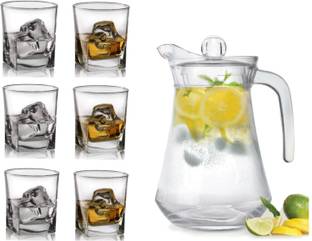 MDNSHO Glass jug 1300 ml with Lid Drinking Glasses Set 6 Glass 290ML, Water JUG SET Jug Glass Set