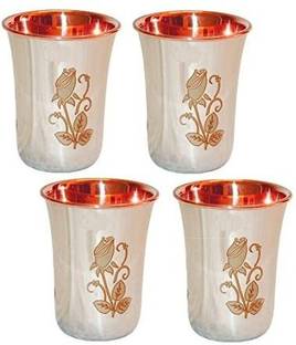 RAGHAV Set of 4 Pcs Design Copper Steel Water Glasses Glass Set Water/Juice Glass