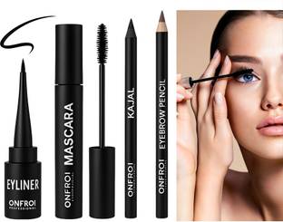 Onfroi Complete Eye Combo – Intense Black Kajal, Eyeliner, Volumizing Mascara, Brow Pen