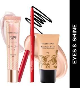 FACES CANADA Strobe Cream (18ml) + Kajal (0.35g) + Tinted Moisturizer | Primer +Moisturizer +