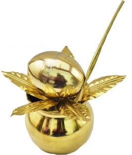 Real Craft Glossy Mangal Kalash with Brass Nariyal and Leafs | for Diwali Pooja Metallic Coconut Mango Leaves (10 cm x 10 cm x 12 cm),Small Size Brass Kalash