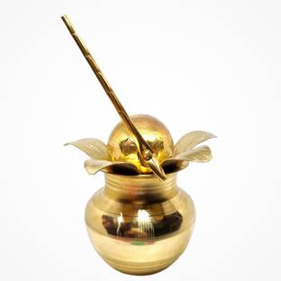 Divine Bazaar Glossy Brass Mangal Kalash With Brass Nariyal and Brass Mango Leaf's Brass Kalash