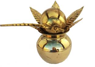 Real Craft Glossy Mangal Kalash with Brass Nariyal and Leafs | for Diwali Pooja Metallic Coconut And Mango Leaves (9 cm x 9 cm x 14 cm) Brass Kalash