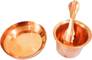 POOJA GHAR Pure Copper Panch Patra with Achmani Pali and Copper Plate Copper Kalash