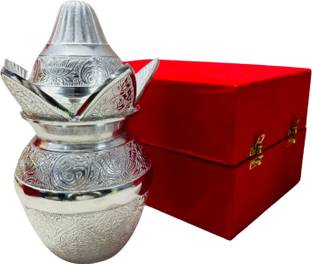 The Healing Store Gold-Silver Plated Pooja Kalash lota with Coconut, Leaves and Royal Velvet Box Aluminium Kalash