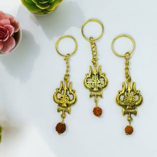 Charms Combo of Lord Shiva Mahadev Mahakal Rudraksha Trishul Shape Gold Plated Key Chain