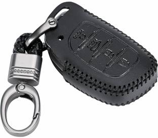 CONTACTS Soft Leather Car Key Cover Compatible with Hyundai 4 Button Smart Key With Key Chain