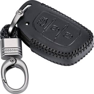 CONTACTS Soft Leather Car Key Cover Compatible with Hyundai 3 Button Smart Key With Key Chain