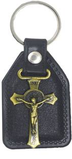 AFH Lord Jesus Bronze Holy INRI Cross Black Leather Key Chain for Men and Women Key Chain