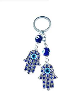 Lenity Annie Blue and Silver Evil Eye with Double Hamsa Fatima Hamsa Hand Keychain Key Chain