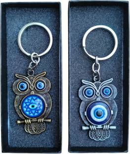 JNV Evil Eye Owl for Good Luck Charm Metallic Keychain for Car and Home (Pack of 2) Key Chain