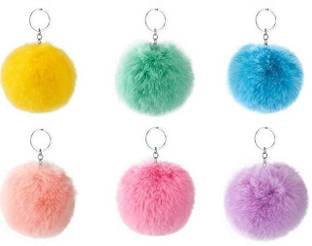 INDSMART Fluffy Faux Fur Pom Pom Key Ring for Girls Bag,Scooty Keys,Car Hanging (Pack-6) Key Chain