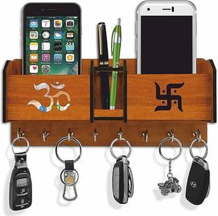 GS MULTISTORE Om Swastik 2 Pocket Pen Stand 8 Hook Wood Key Holder Wood Key Holder