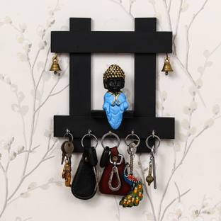 eCraftIndia Peaceful Buddha Sitting Wooden Keyholder with 5 Key Knobs Wood, Polyresin Key Holder