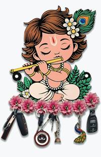 TheAkCrafts LittleKrishna-7Hook Wood Key Holder