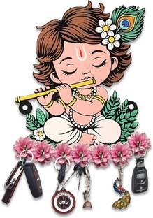Crown Decoz Baby Krishna Wall Hanging Key Holder | Baby Krishna Flute Design Wood Key Holder