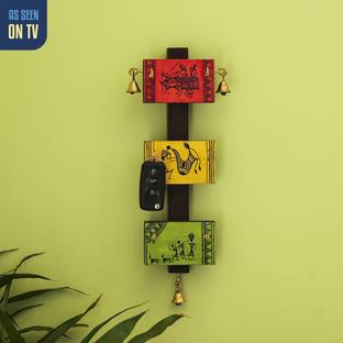 ExclusiveLane Birds On Planks' Warli Hand-Painted Wooden Wall Key Chain Stand for Home Decor Wood Key Holder