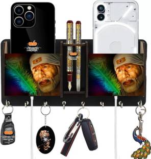 Heritagecrafts Designer Lord Sai Wooden 2 Pocket Mobile and Pen holder 8 Hooks Wood Key Holder