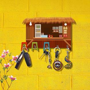 WEBELKART Premium HD UV Printed Retro Café Hut Shaped Wood Key Holder