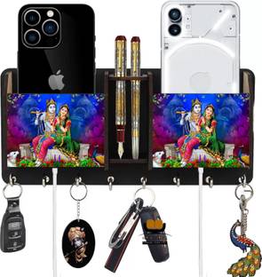 Heritagecrafts Radha krishna Unique Wooden 2 Pocket Mobile and Pen holder 8 Hooks Wood Key Holder