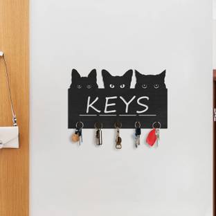 Shadow Cat-Themed Wall Key Holder – Decorative Wooden Key Rack with 6 Hooks Wood Key Holder