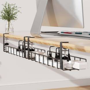GEO FASHION 2 Pack Cable Management Under Desk Tray, No Drill Under Desk Wire with Clamp, Keyboard Tray