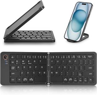 TECPHILE B023 Portable Wireless Multi-Device Two Fold Foldable Keyboard with Phone Holder Bluetooth Handheld Multi-device Keyboard Compatible with Desktop, Laptop, Tablet, iPad, Mac Easy to Use,Plug and Play,Quick, Comfy Durable body