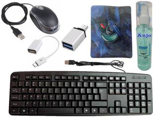 ANJO 6 in 1 Combo Of Wired LED Mouse-Mouse Pad-Cleaning Gel-OTG Type C & Micro OTG - Wired USB Standard Multi-device Keyboard Compatible with Desktop, Laptop, Mac stand support