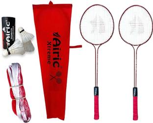 Airic Xtreme Double Shaft Raquets with Feather Shuttles and 3 side tape Net Badminton Kit