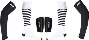 DENOVO Ultimate Protection (One Pair Large Shin Guard + One Pair Lycra Striped Knee Length Football Socks + One Pair UV Protection Arm Sleeves) Football Kit