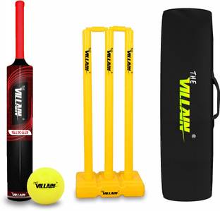 THE VILLAIN Sixer Plastic Cricket Bat (Full Size-Black) Bat-Ball-Wicket & Cover | Pack of 4 Cricket Kit
