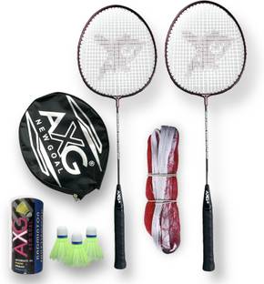 AXG न्यू गोल Hot Shot Scratch Resistant Badminton Racquets 2pc, 3 Plastic Shuttles and Net बैडमिंटन किट