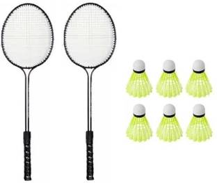 Monika Sports 2 Double Shaft Racquet with 6 pc Nylon Shuttle Badminton Kit