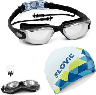 SLOVIC Goggles & Cap for Adults | Changeable Nose Bridge | Anti-Fog | Combo Swimming Kit