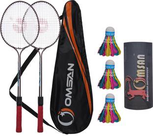 OMSAN Double Shaft Alloy Steel Racket with 3 Color Feather Shuttlecock and Bag Badminton Kit