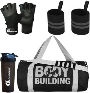 GROUPERS Body Building Gym Duffle bag ll Sipper Bottle ll Wrist Band ll Gloves - BLK Fitness Accessory Kit Kit
