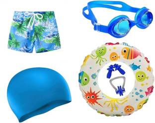 SVNFOXX Kids Swim Short with Goggles Swim Cap Ear Plug Nose Clip Swim Ring for 3-5 Years Swimming Kit