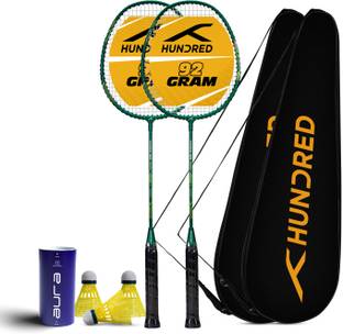Hundred Powertek 200 (2 Strung Rackets with 2 Full Covers) & 3pc Aura Nylon Shuttlecocks Badminton Kit