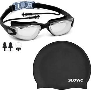 SLOVIC Goggles & Cap for Adults | Changeable Nose Bridge | Anti-Fog | Combo Swimming Kit