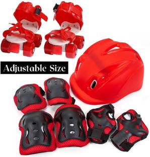 CrazyBuy Roller Skate With Knee Elbow Palm Protective Guard & Helmet Kit for kids (RED) Skating Kit