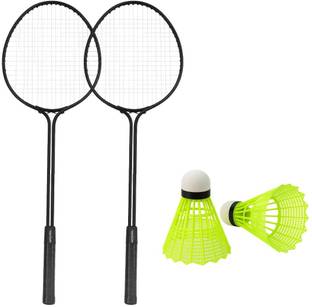 RSKON Double Shaft Badminton Rackets Set with 2 Shuttlecocks | Durable & Lightweight | Black, Green Strung Badminton Racquet