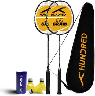 Hundred Powertek 200 (2 Strung Rackets with 1 Full Cover) & 3pc Aura Nylon Shuttlecocks Badminton Kit