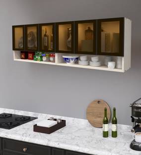 SPECIALITY PANELS Aluminium Black Prof. 6 Door Brown Tinted Glass Handless shutter, OrganizerShelf Engineered Wood Crockery Cabinet