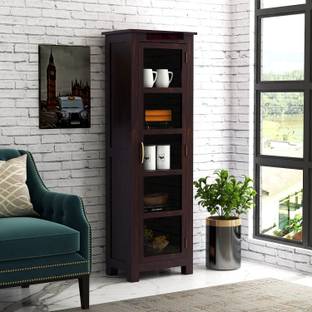 WOODTREND Solid Sheesham Wood Tall Showcase Cabinet With Multiple Shelves And Glass Door Solid Wood Kitchen Cabinet