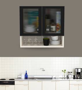 SPECIALITY PANELS Aluminium Black Prof. 2 Door Fluted Plain Glass Handless shutter, OrganizerShelf Metal Kitchen Cabinet