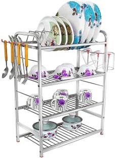 Zobby Stainless Steel 4 Layer Wall Mount Kitchen Dish Rack with Plate & Cutlery Stand Metal Kitchen Cabinet