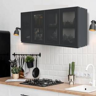 SPECIALITY PANELS Aluminium Black Profile 4 Grey Tinted Glass handless shutters, French cleat Engineered Wood Kitchen Cabinet