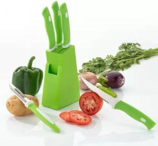 PRIMECART 5 Pc Stainless Steel Knife Set 5-Pieces Knife Stand (Plastic) + 4 Knife + 1 Peeler (Green) (Plastic)