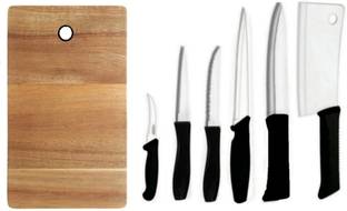 DNJ 7 Pc Stainless Steel, Wood Knife Set Chef/Meat/Utility/Steak/Laser/paring Knife Set for Kitchen & wood chopping board