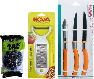 Q C 3 Pc Stainless Steel Knife Set NOVAAKITCHENWARES Magic Peeler & Grater | SilverLine Knife Set | Scrub